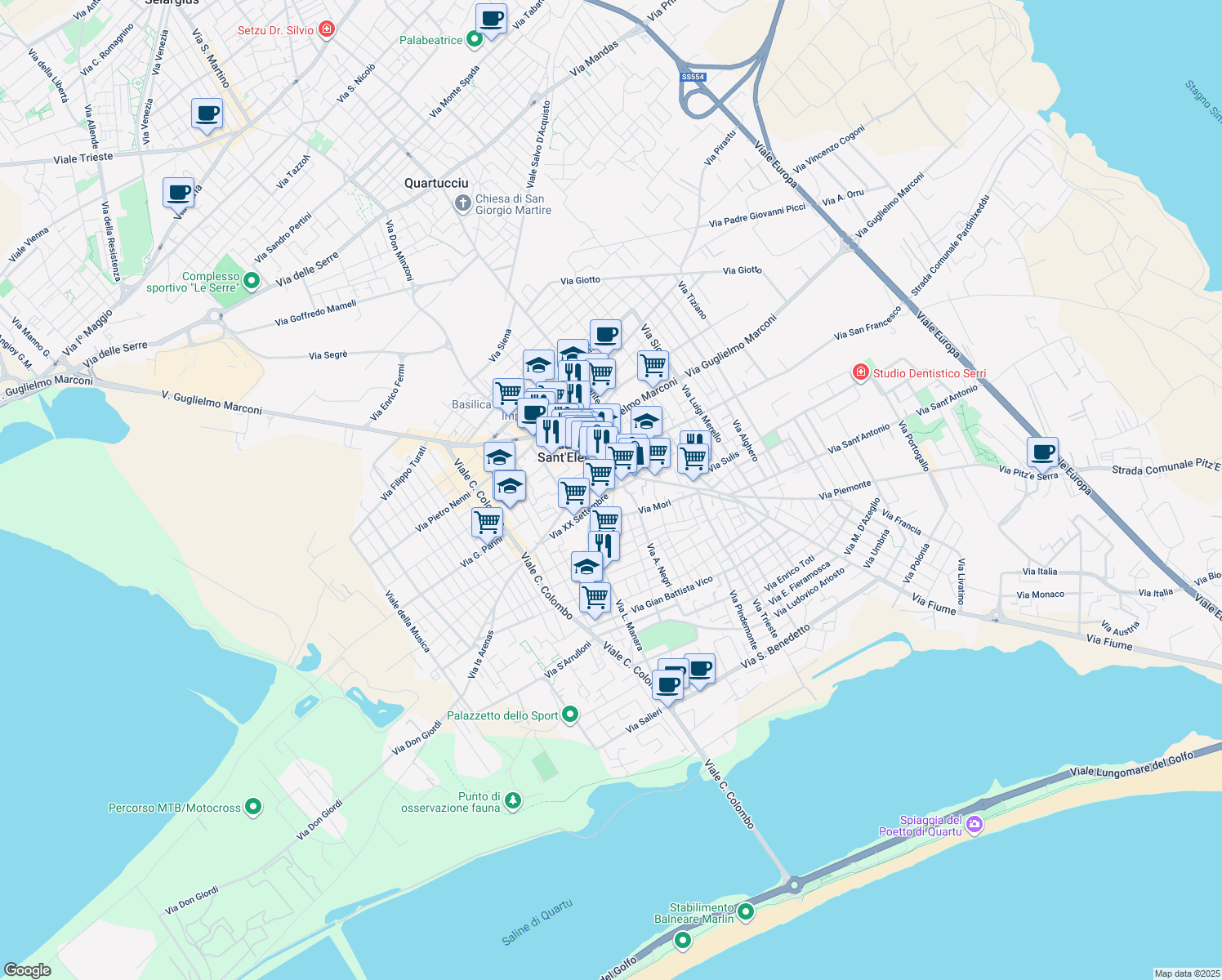 map of restaurants, bars, coffee shops, grocery stores, and more near 5 Via Giuseppe Garibaldi in Quartu Sant'Elena
