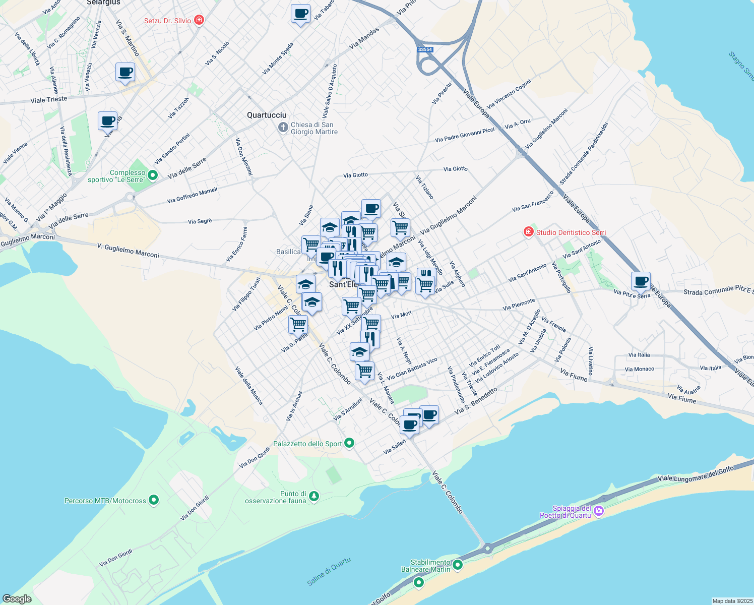 map of restaurants, bars, coffee shops, grocery stores, and more near 5 Via Giuseppe Garibaldi in Quartu Sant'Elena