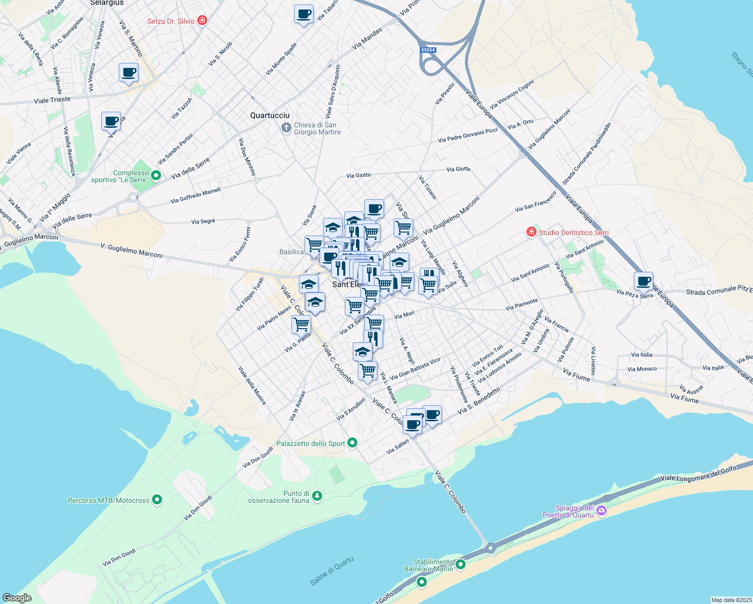 map of restaurants, bars, coffee shops, grocery stores, and more near 5 Via Giuseppe Garibaldi in Quartu Sant'Elena