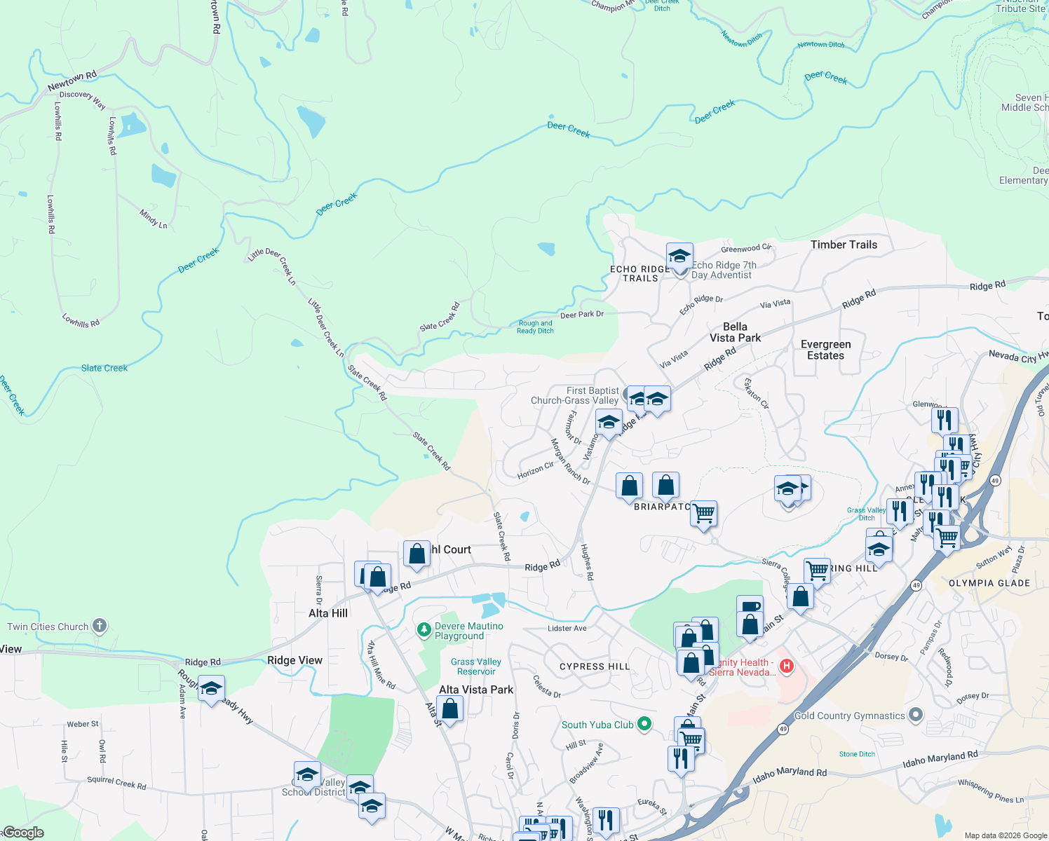 map of restaurants, bars, coffee shops, grocery stores, and more near 640 Morgan Ranch Dr in Grass Valley