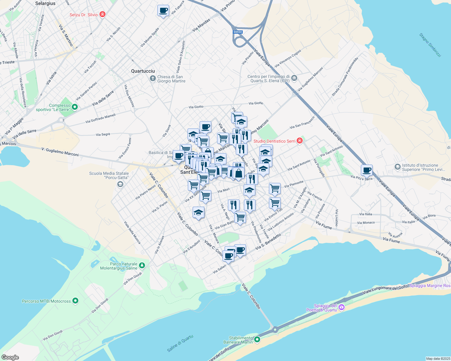 map of restaurants, bars, coffee shops, grocery stores, and more near 134 Via Vittorio Emanuele in Quartu Sant'Elena