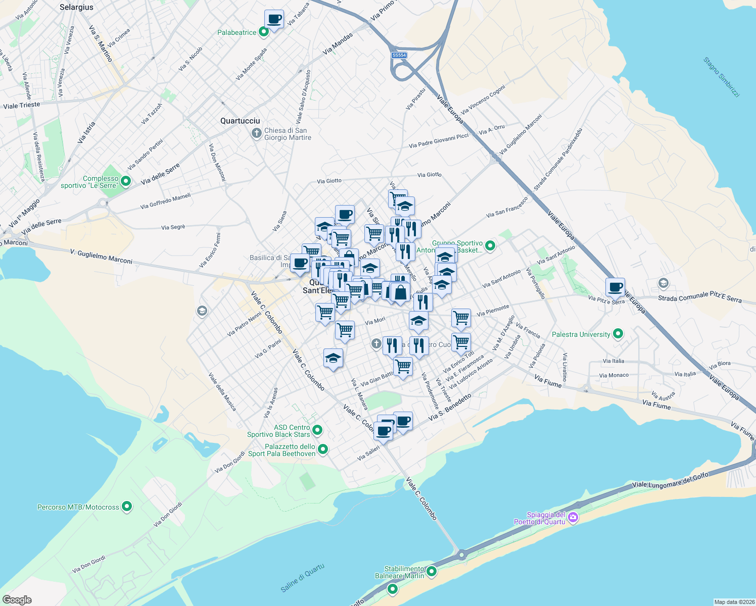 map of restaurants, bars, coffee shops, grocery stores, and more near 134 Via Vittorio Emanuele in Quartu Sant'Elena
