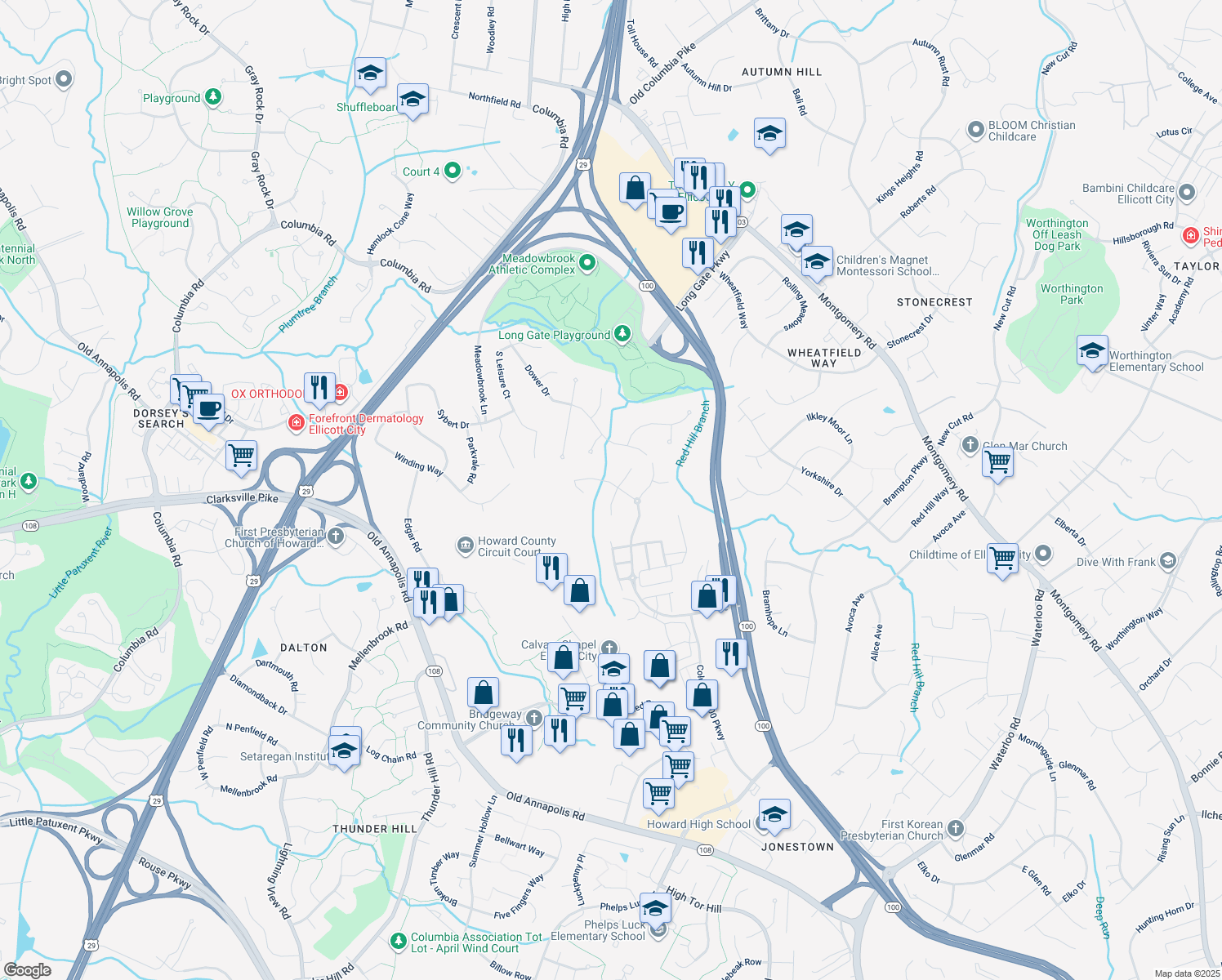 map of restaurants, bars, coffee shops, grocery stores, and more near 5200 Carson Court in Ellicott City