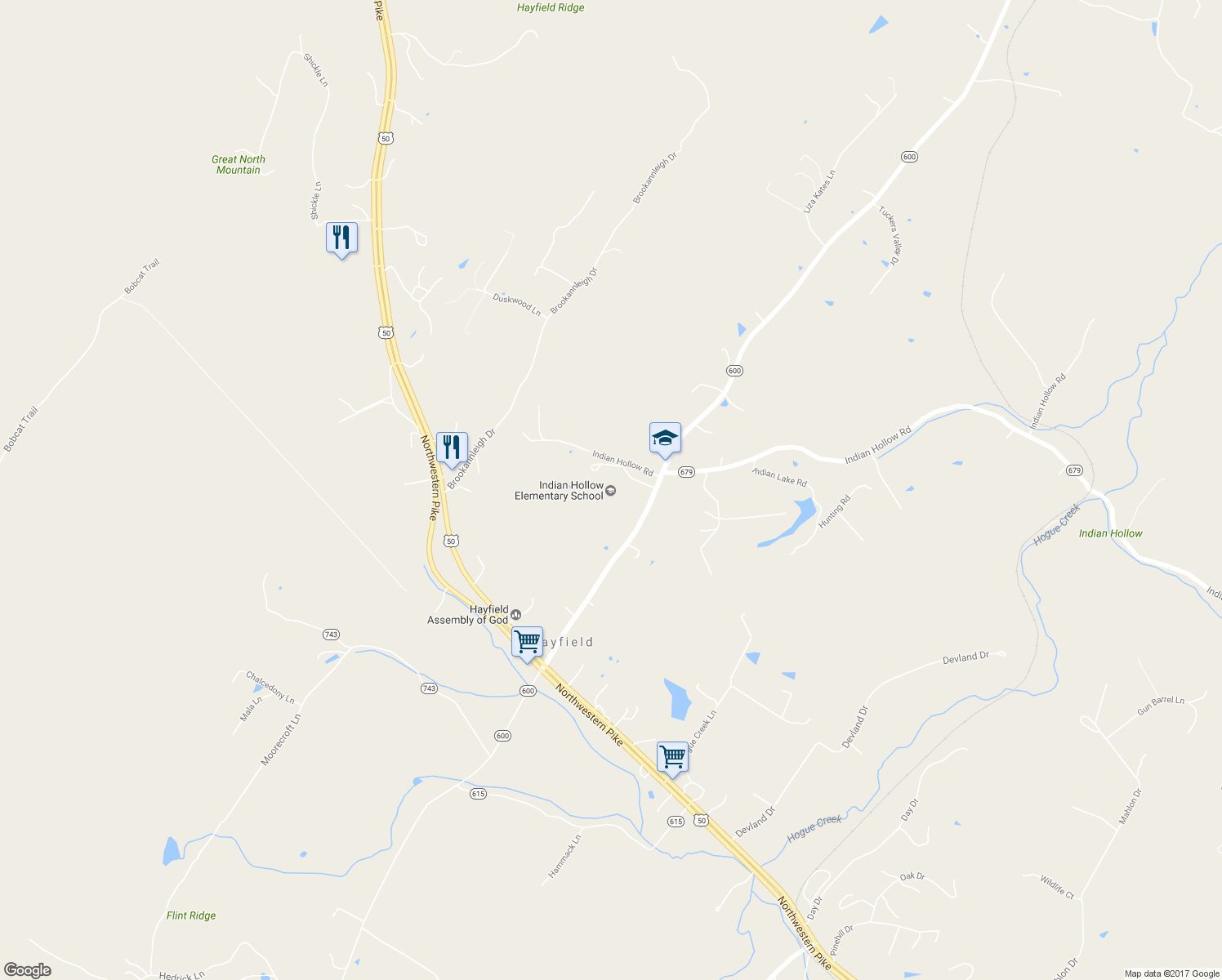 map of restaurants, bars, coffee shops, grocery stores, and more near 1548 North Hayfield Road in Winchester