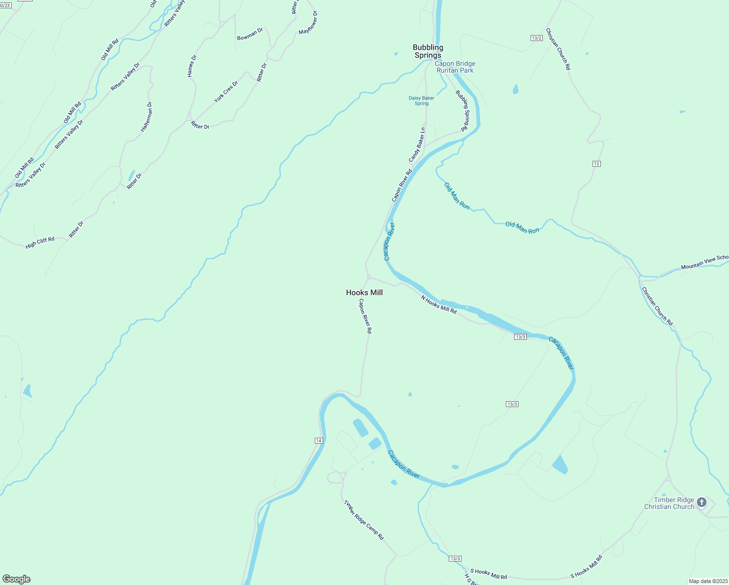 map of restaurants, bars, coffee shops, grocery stores, and more near North Hooks Mill Road in Capon Bridge