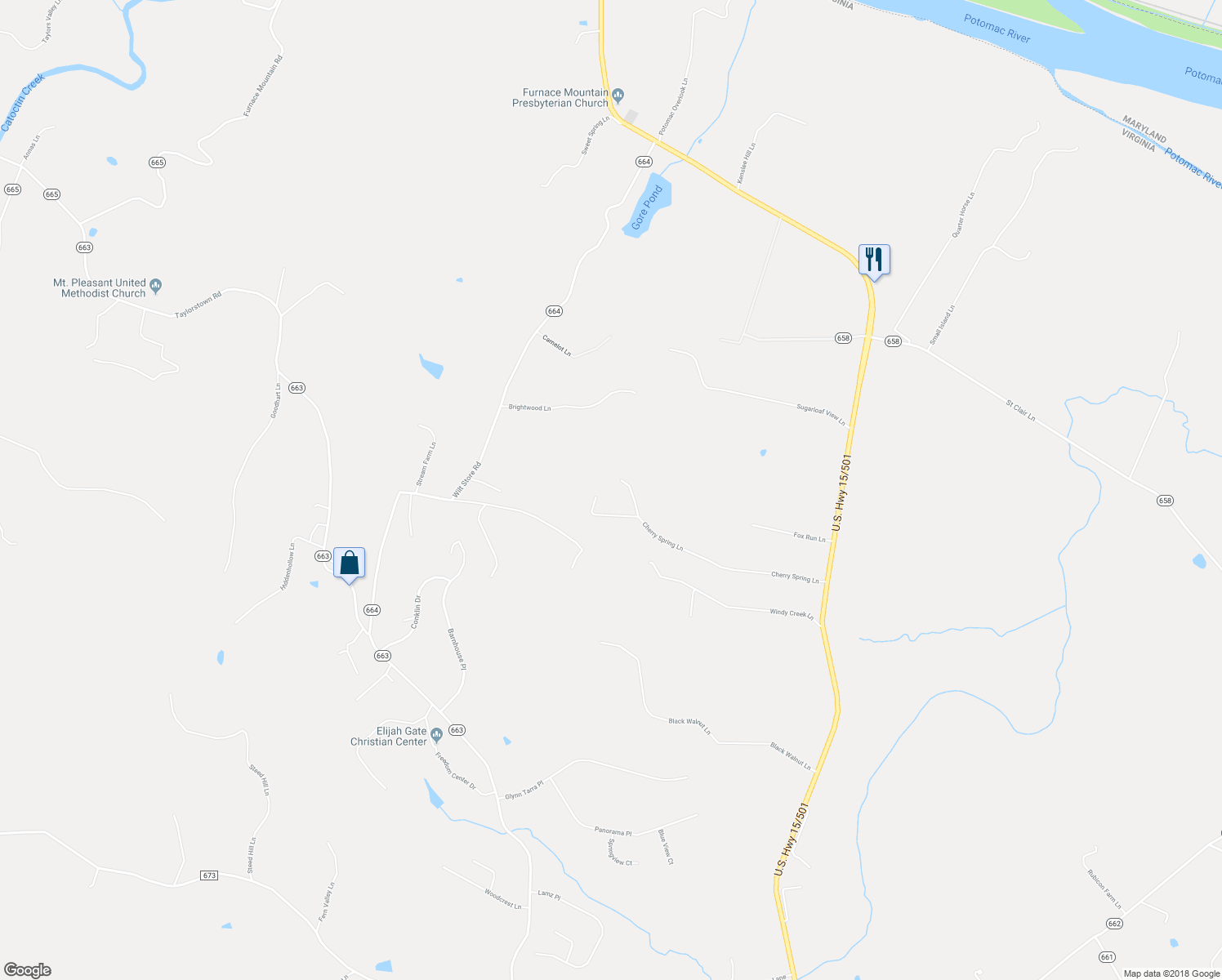 map of restaurants, bars, coffee shops, grocery stores, and more near 42123 Cherry Spring Ln in Leesburg