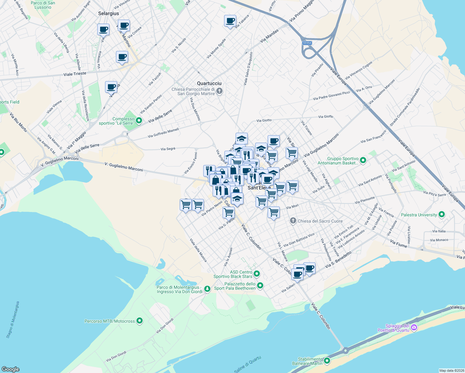 map of restaurants, bars, coffee shops, grocery stores, and more near 19 Via Rosas in Quartu Sant'Elena