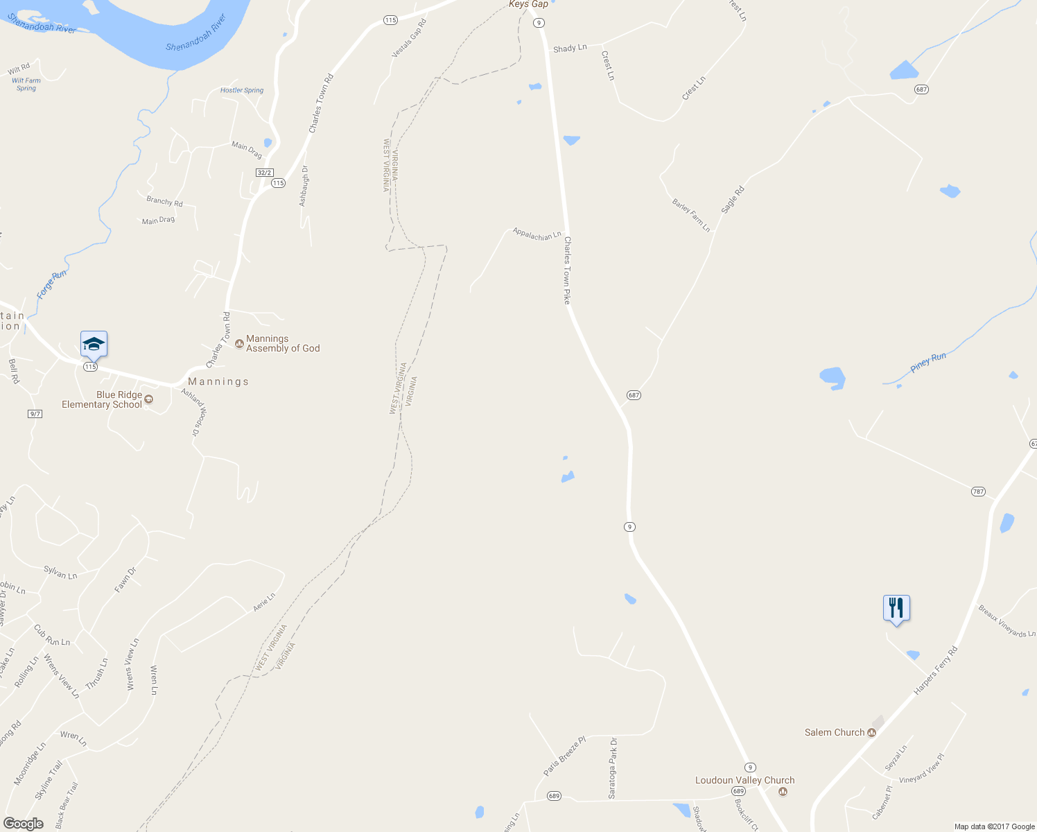 map of restaurants, bars, coffee shops, grocery stores, and more near 34971 Charles Town Pike in Purcellville