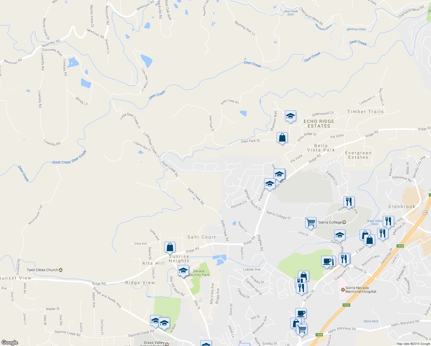 map of restaurants, bars, coffee shops, grocery stores, and more near 793 Morgan Ranch Drive in Grass Valley