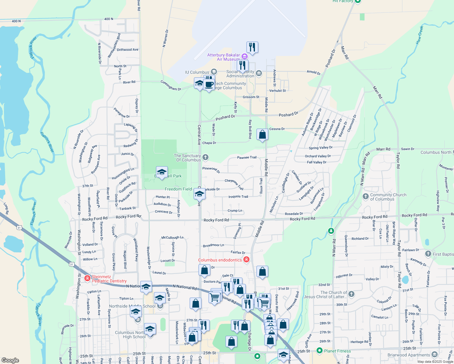 map of restaurants, bars, coffee shops, grocery stores, and more near 2033 Cheyenne Trail in Columbus