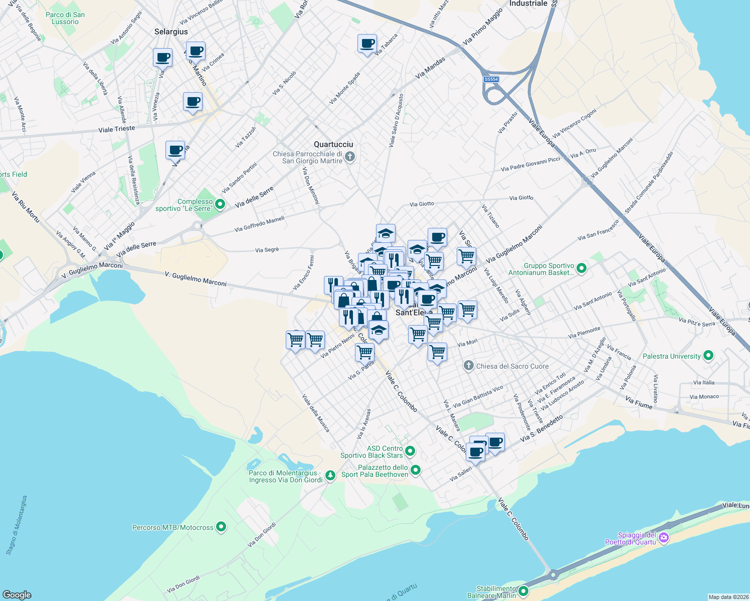 map of restaurants, bars, coffee shops, grocery stores, and more near 19 Via Rosas in Quartu Sant'Elena