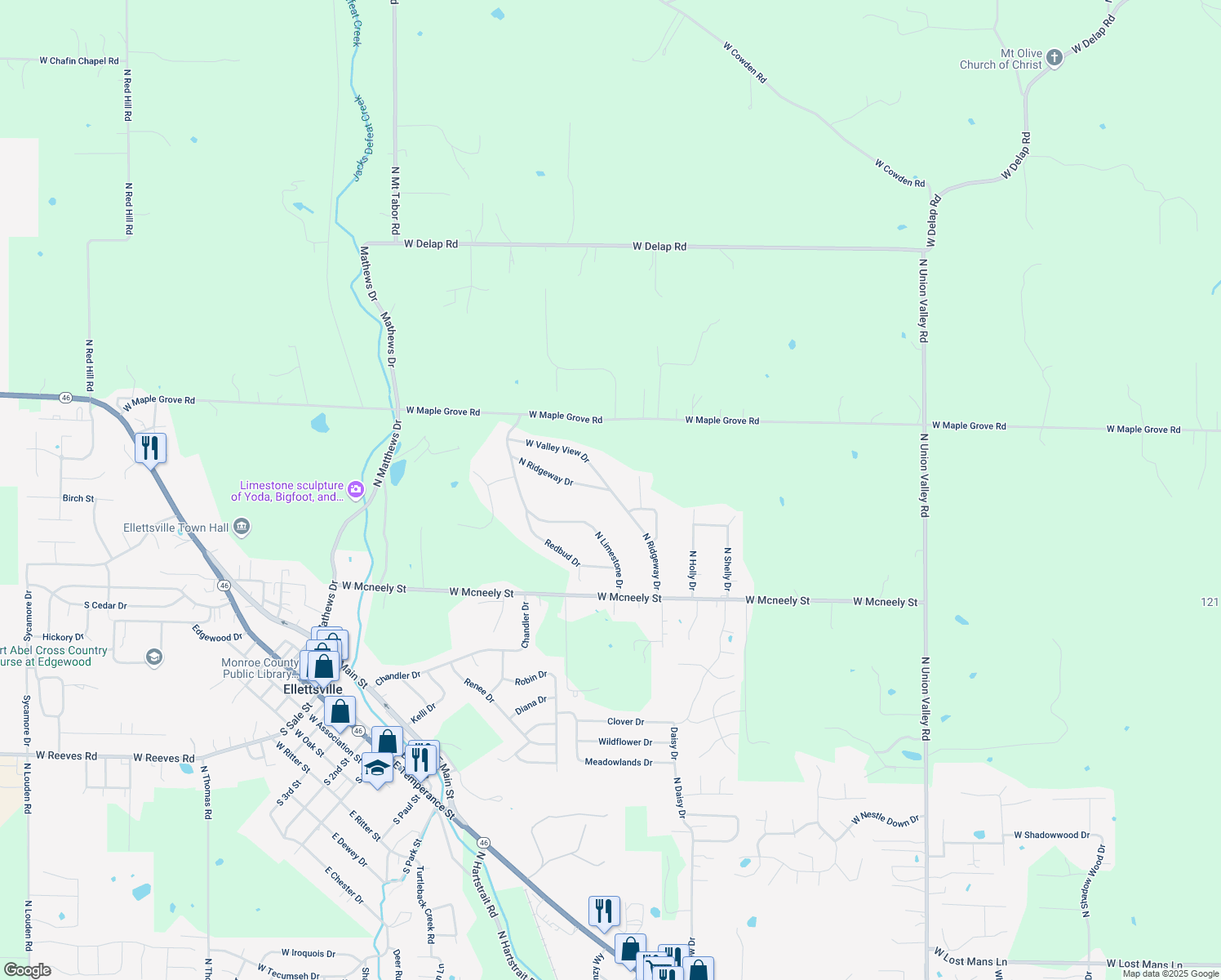 map of restaurants, bars, coffee shops, grocery stores, and more near Ridgeway Dr in Ellettsville