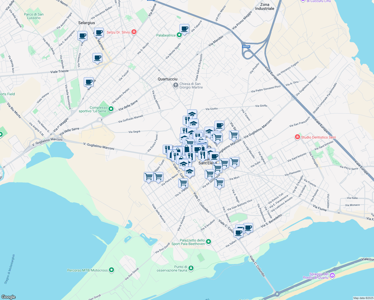 map of restaurants, bars, coffee shops, grocery stores, and more near 66 Via Brigata Sassari in Quartu Sant'Elena