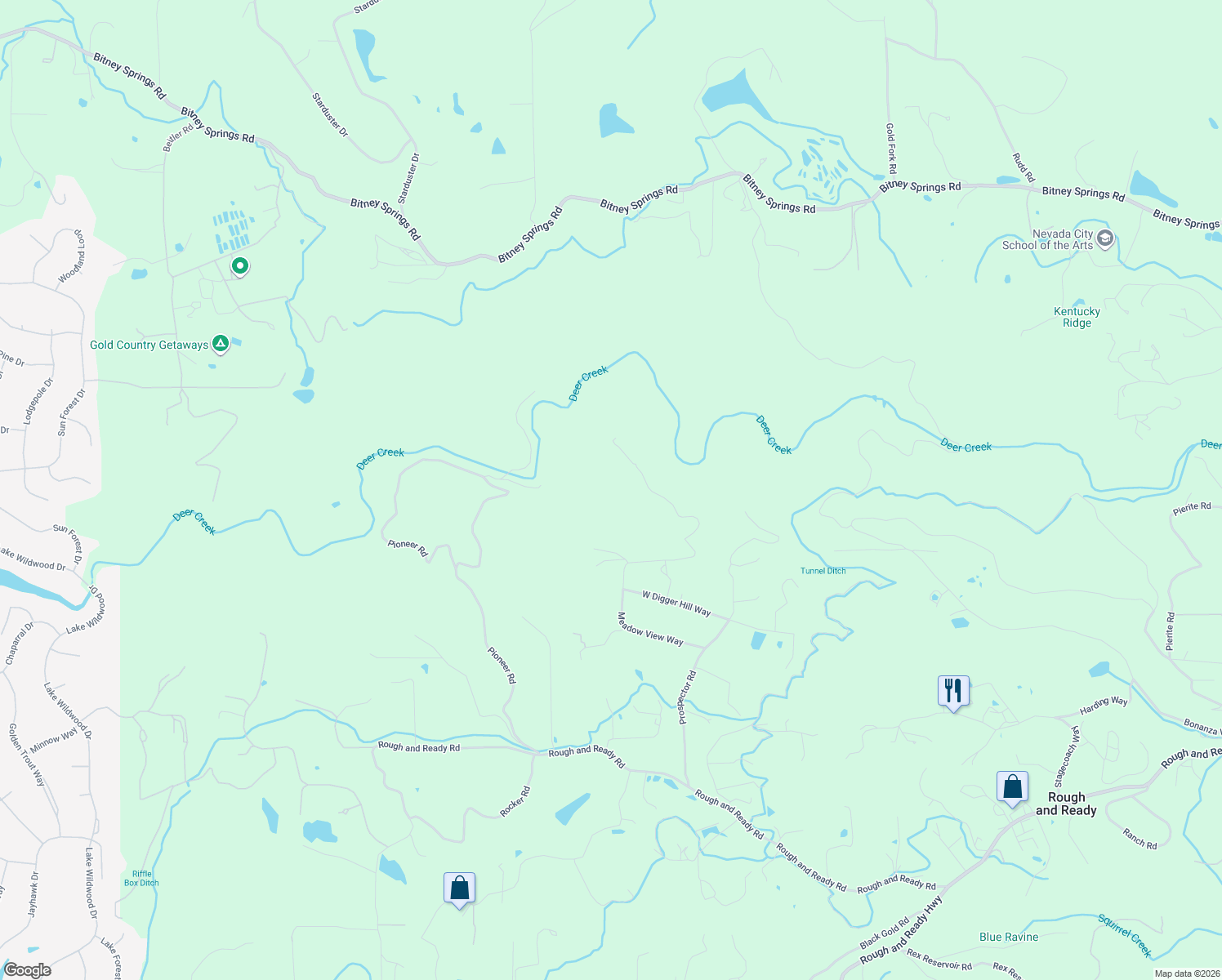 map of restaurants, bars, coffee shops, grocery stores, and more near 12220 Meadow View Way in Rough and Ready