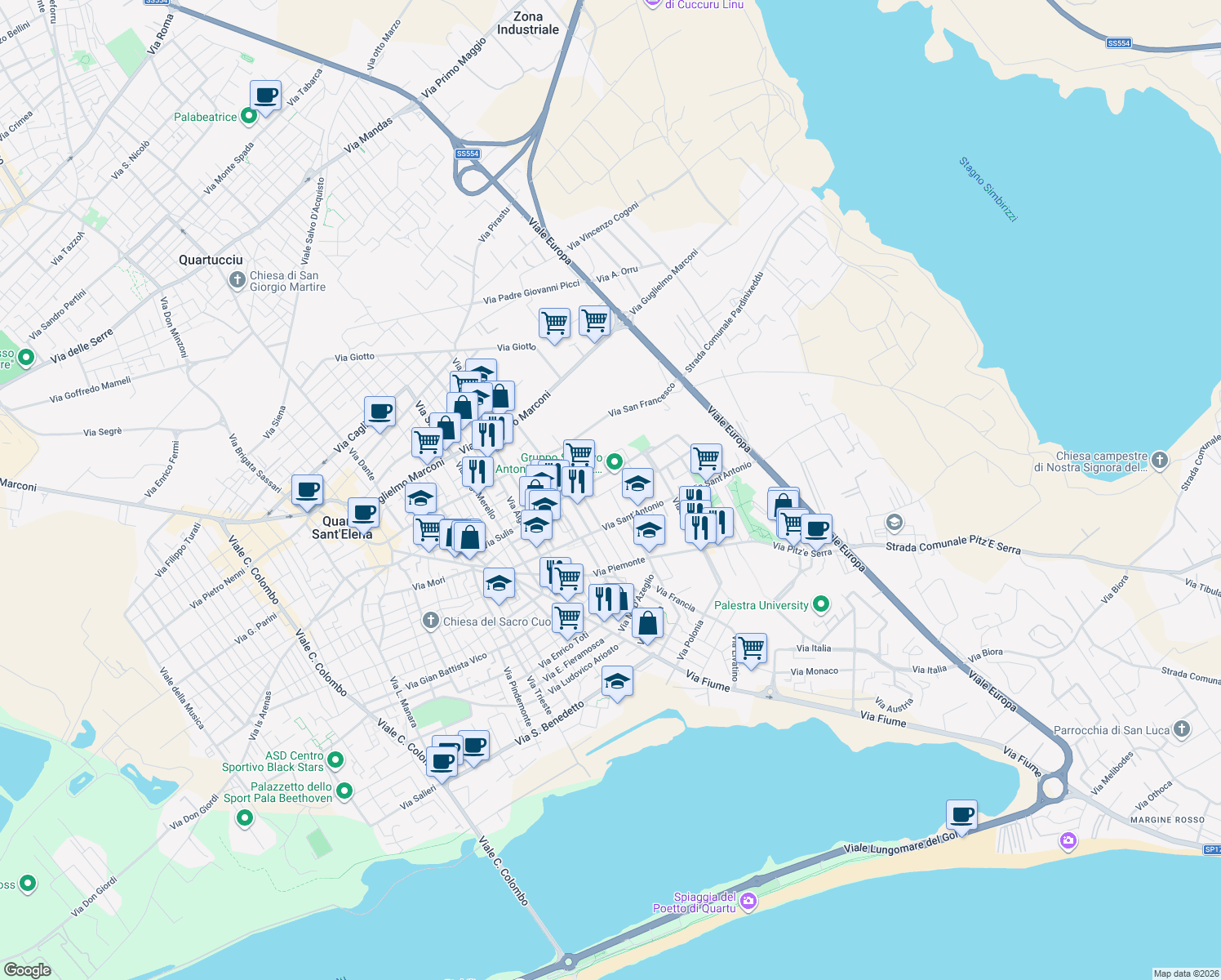map of restaurants, bars, coffee shops, grocery stores, and more near 24 Via Olanda in Quartu Sant'Elena