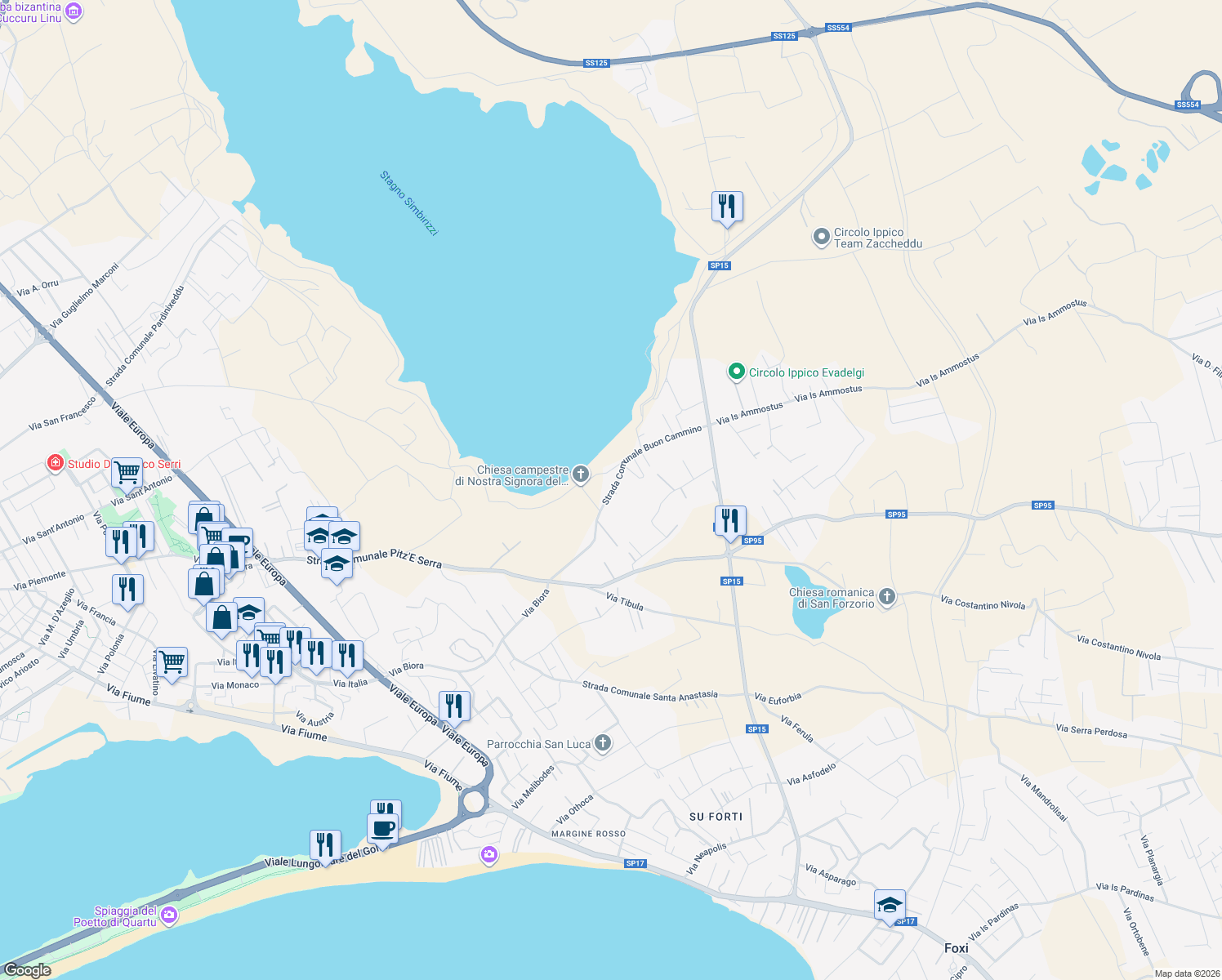 map of restaurants, bars, coffee shops, grocery stores, and more near 5 Nostra Signora del Buoncammino in Città Metropolitana di Cagliari