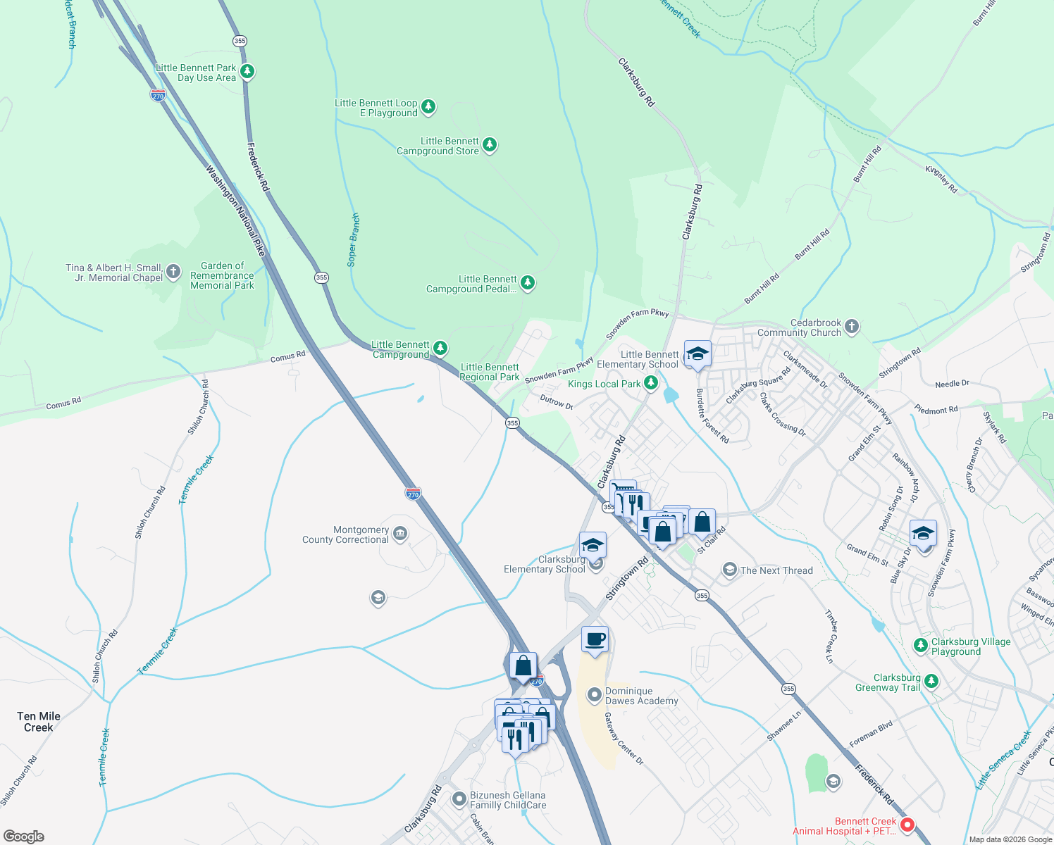 map of restaurants, bars, coffee shops, grocery stores, and more near 23540 Frederick Road in Clarksburg