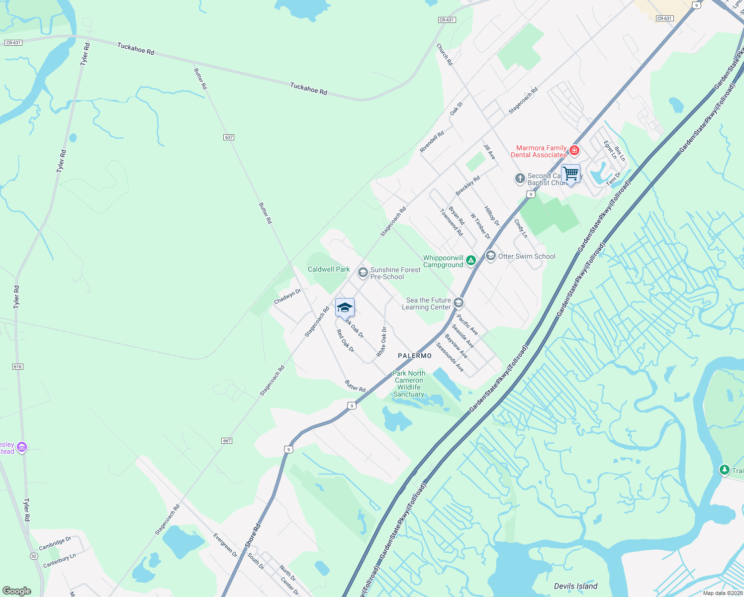 map of restaurants, bars, coffee shops, grocery stores, and more near 37 Klains Ln in Ocean View