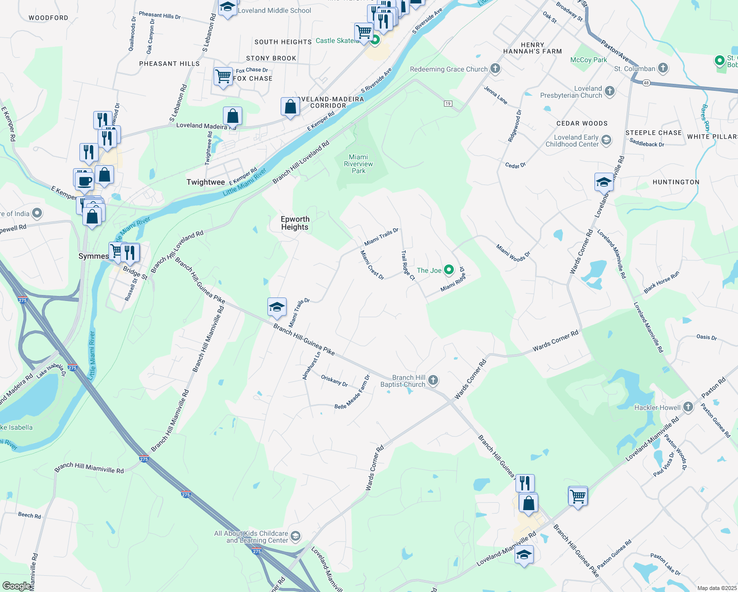 map of restaurants, bars, coffee shops, grocery stores, and more near 731 Windfield Drive in Loveland