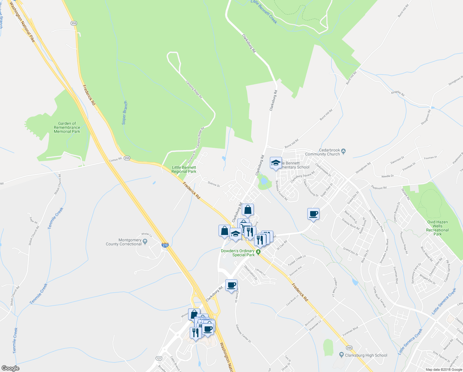 map of restaurants, bars, coffee shops, grocery stores, and more near 23440 Tailor Shop Place in Clarksburg