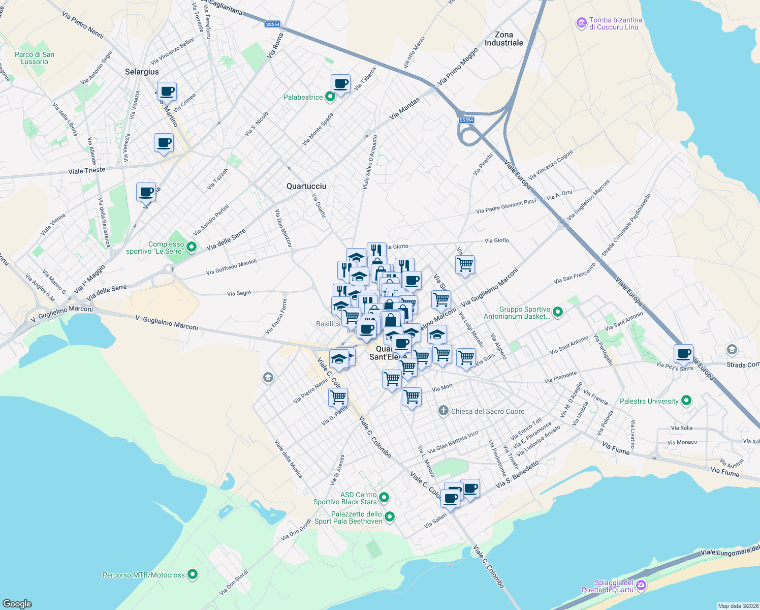 map of restaurants, bars, coffee shops, grocery stores, and more near 101A Via Cagliari in Quartu Sant'Elena
