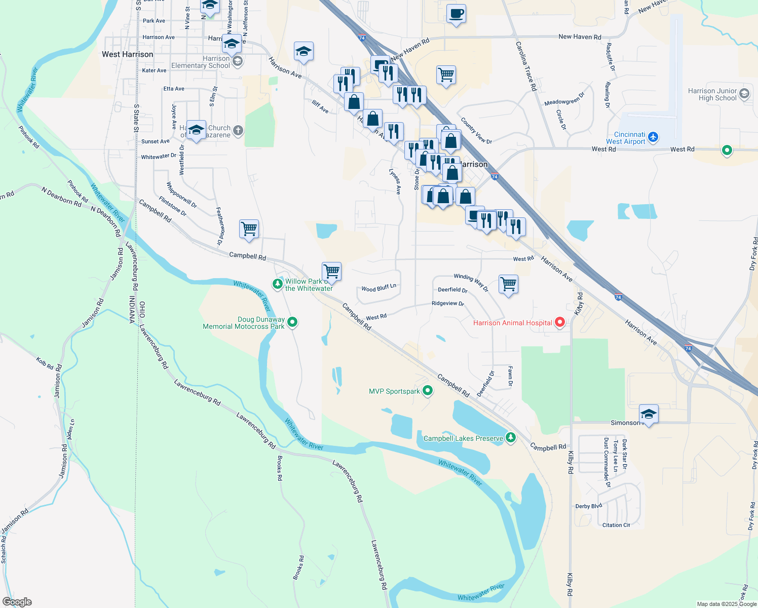 map of restaurants, bars, coffee shops, grocery stores, and more near 10747 Stone Ridge Way in Harrison
