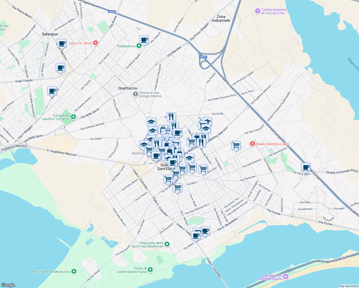 map of restaurants, bars, coffee shops, grocery stores, and more near 41 Via Napoli in Quartu Sant'Elena