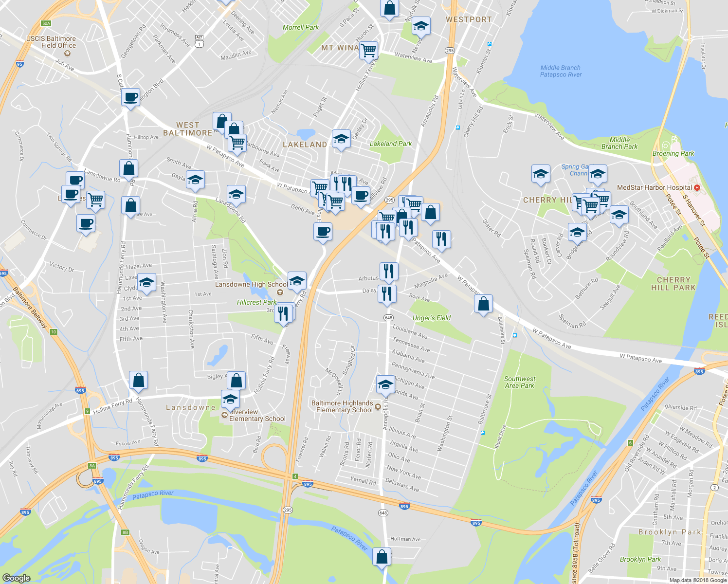 map of restaurants, bars, coffee shops, grocery stores, and more near 2730 Daisy Avenue in Halethorpe