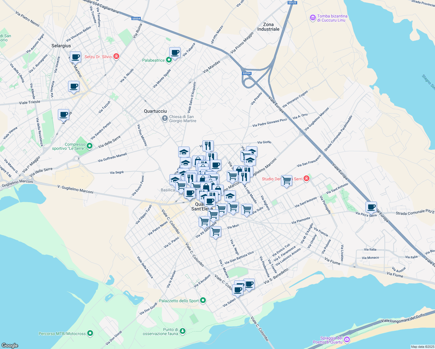 map of restaurants, bars, coffee shops, grocery stores, and more near 41 Via Napoli in Quartu Sant'Elena