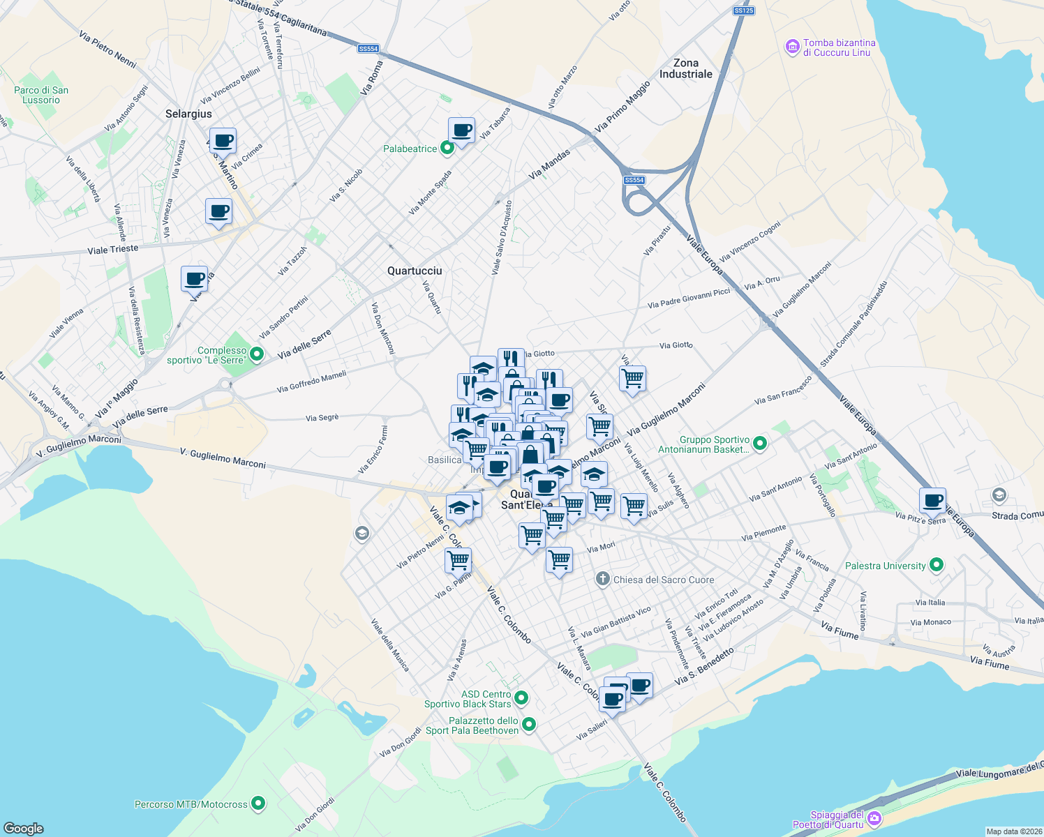map of restaurants, bars, coffee shops, grocery stores, and more near 101A Via Cagliari in Quartu Sant'Elena
