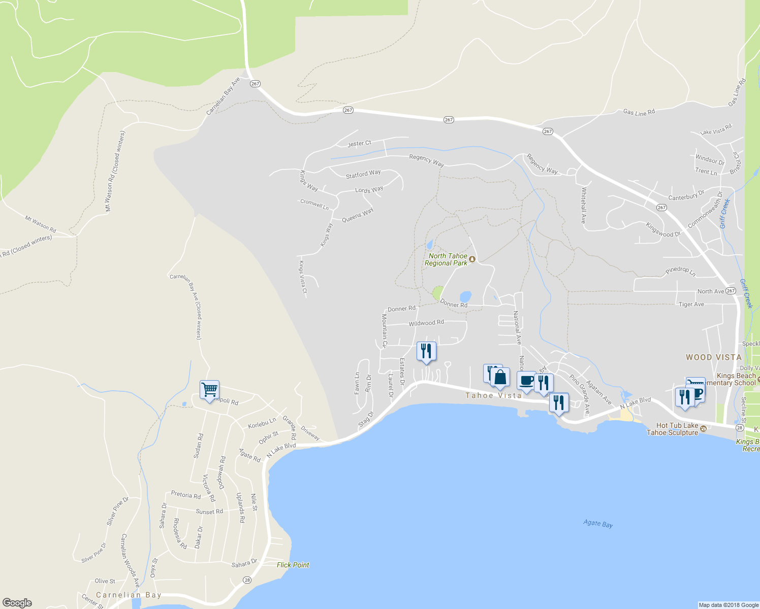 map of restaurants, bars, coffee shops, grocery stores, and more near 725 Mountain Circle in Tahoe Vista