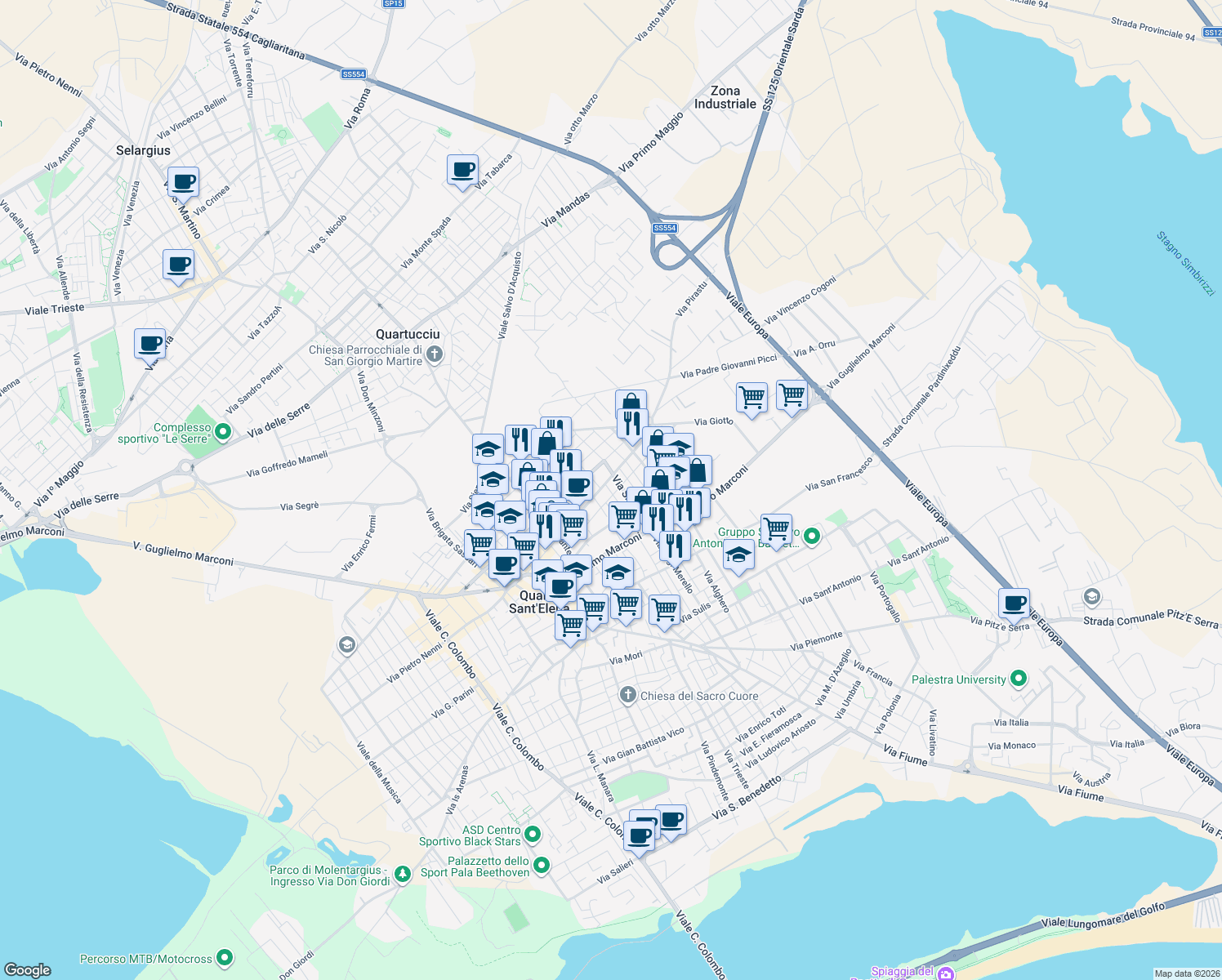 map of restaurants, bars, coffee shops, grocery stores, and more near 16 Via Mentana in Quartu Sant'Elena
