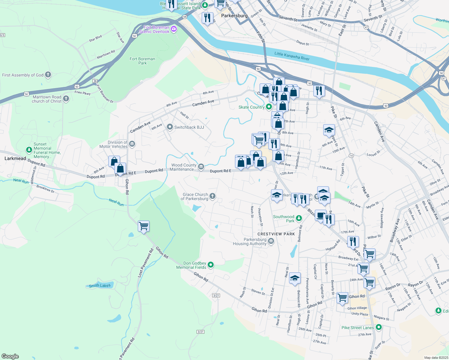 map of restaurants, bars, coffee shops, grocery stores, and more near 1511 15th Ave in Parkersburg