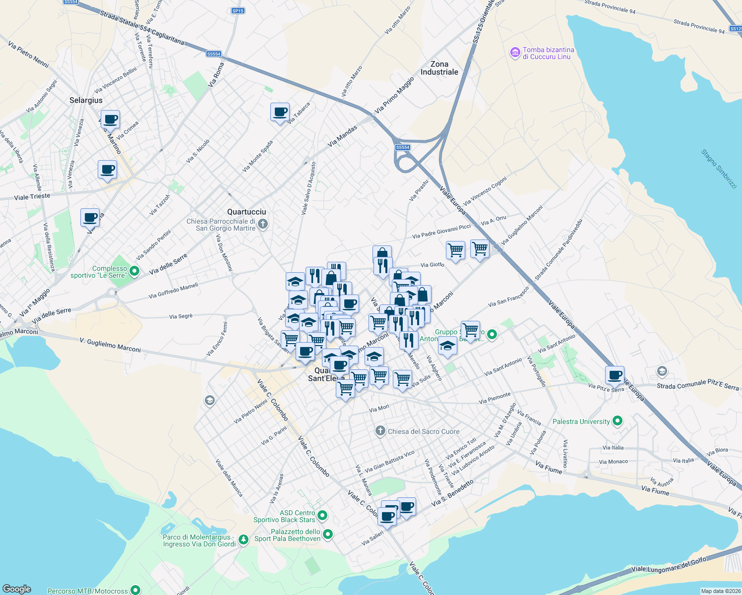 map of restaurants, bars, coffee shops, grocery stores, and more near 16 Via Mentana in Quartu Sant'Elena