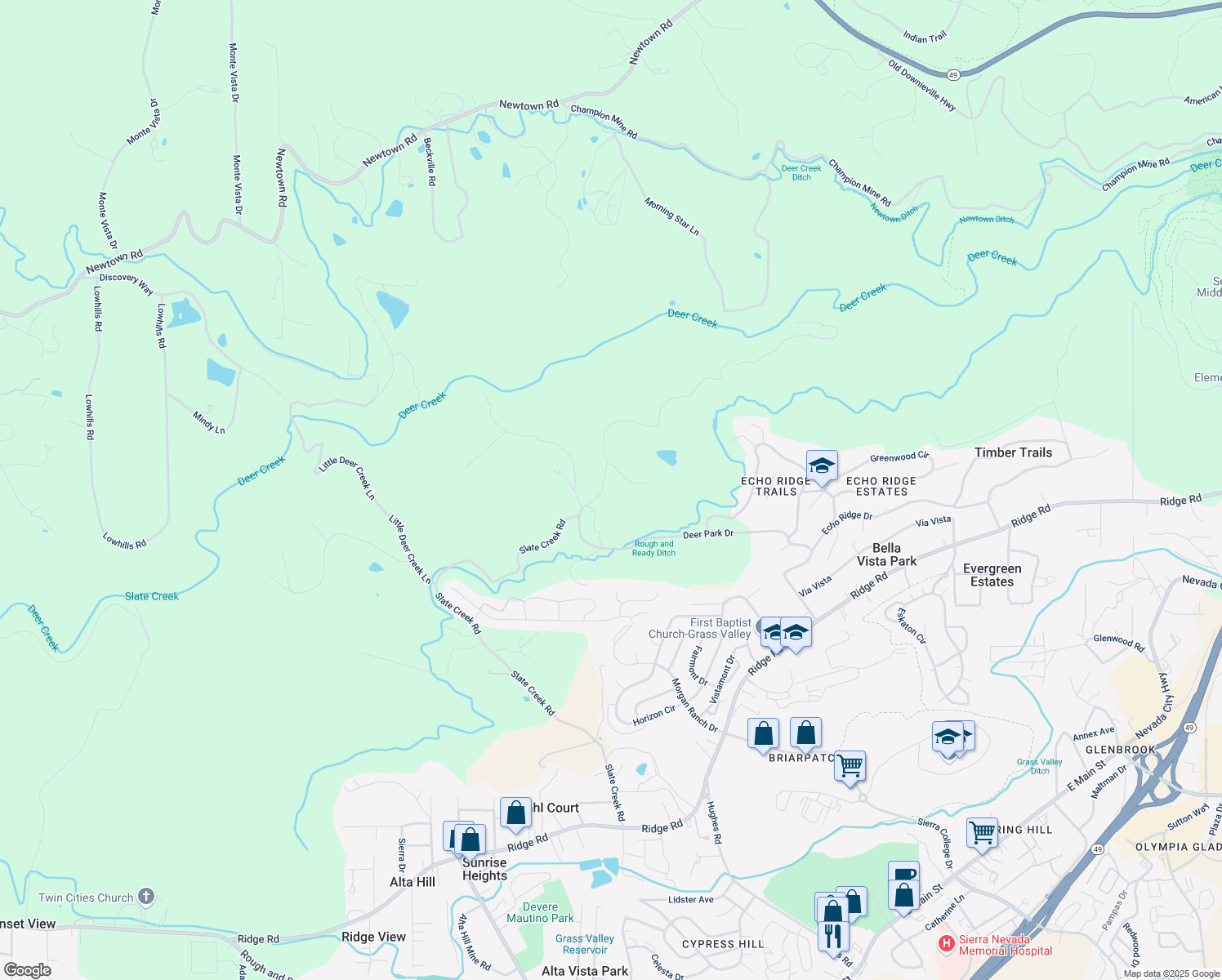 map of restaurants, bars, coffee shops, grocery stores, and more near 12459 Slate Creek Road in Nevada City