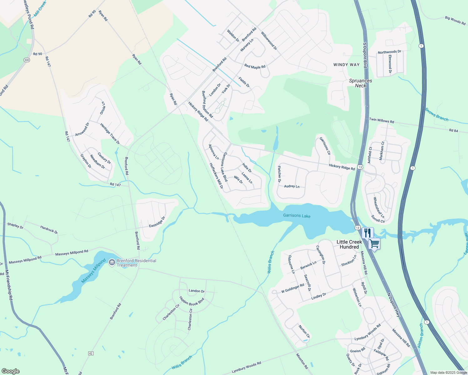 map of restaurants, bars, coffee shops, grocery stores, and more near 625 Hoffeckers Mill Drive in Smyrna
