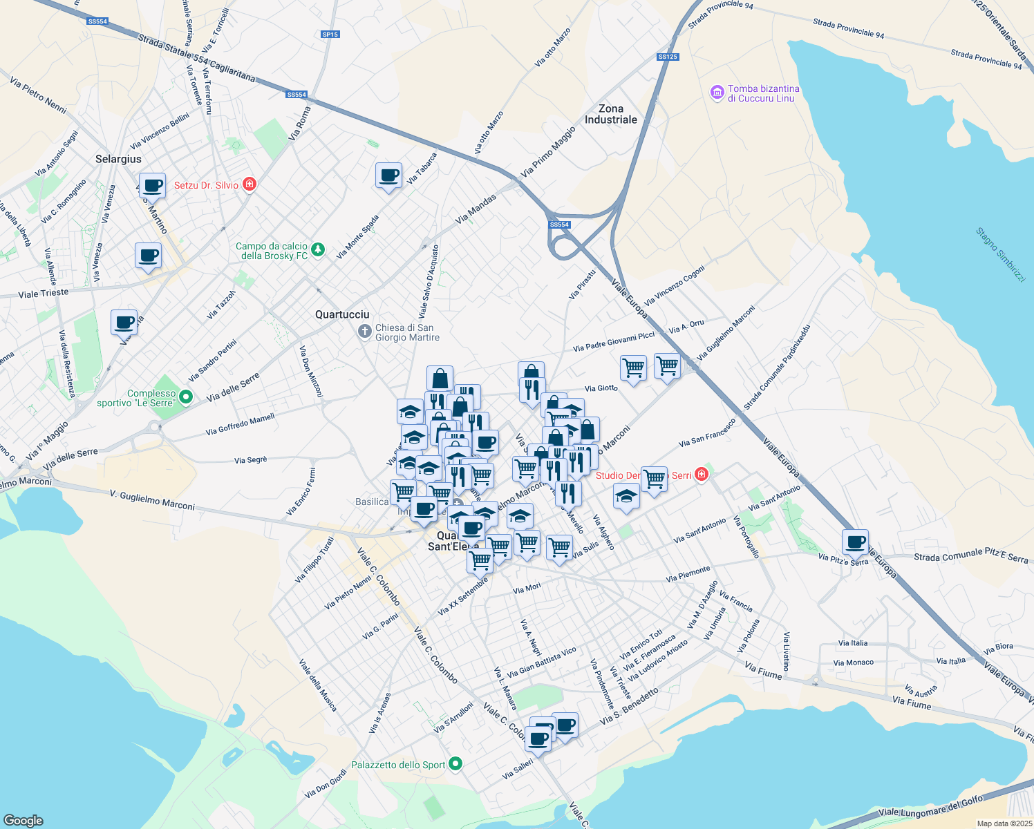map of restaurants, bars, coffee shops, grocery stores, and more near 190 Via Cagliari in Quartu Sant'Elena