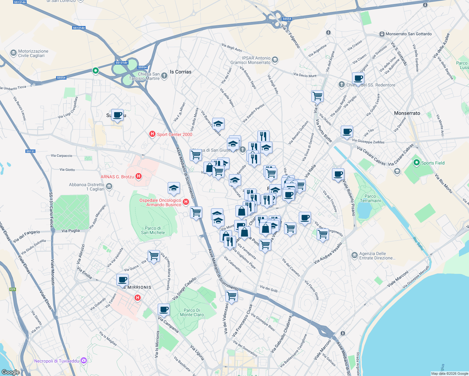 map of restaurants, bars, coffee shops, grocery stores, and more near 19 Via Socrate in Cagliari