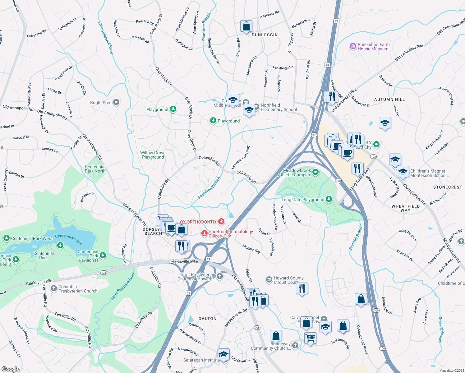 map of restaurants, bars, coffee shops, grocery stores, and more near 4539 Kingscup Ct in Ellicott City