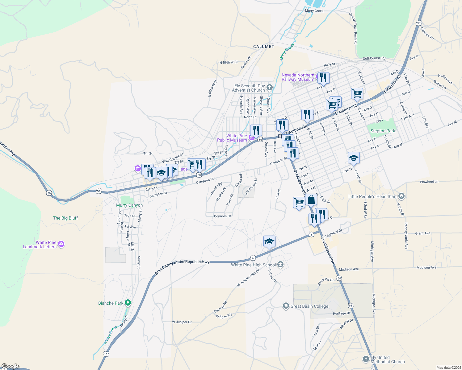 map of restaurants, bars, coffee shops, grocery stores, and more near 21 Reno Road in Ely
