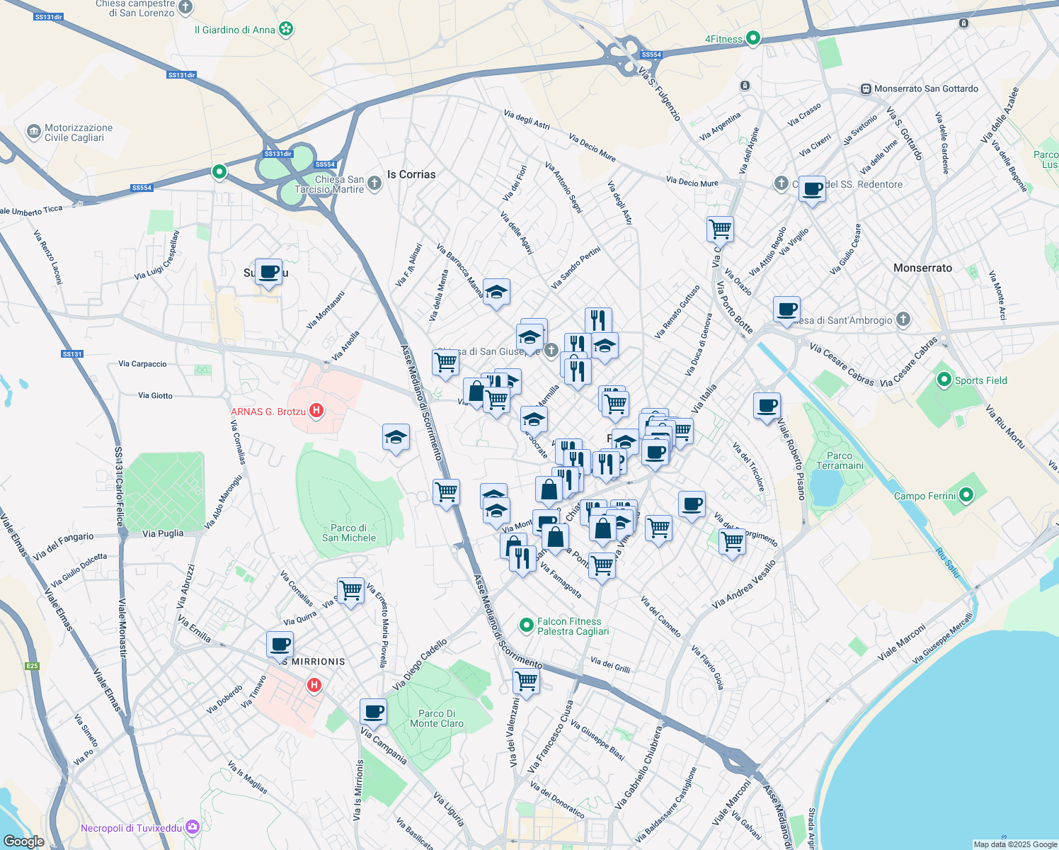 map of restaurants, bars, coffee shops, grocery stores, and more near 19 Via Socrate in Cagliari