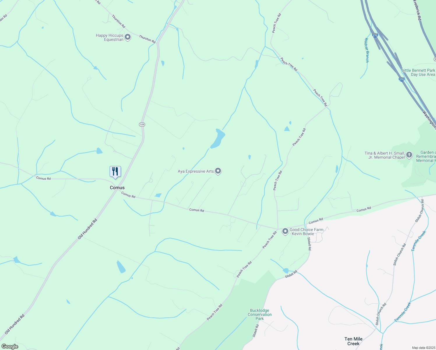 map of restaurants, bars, coffee shops, grocery stores, and more near 16201 Comus Rd in Clarksburg