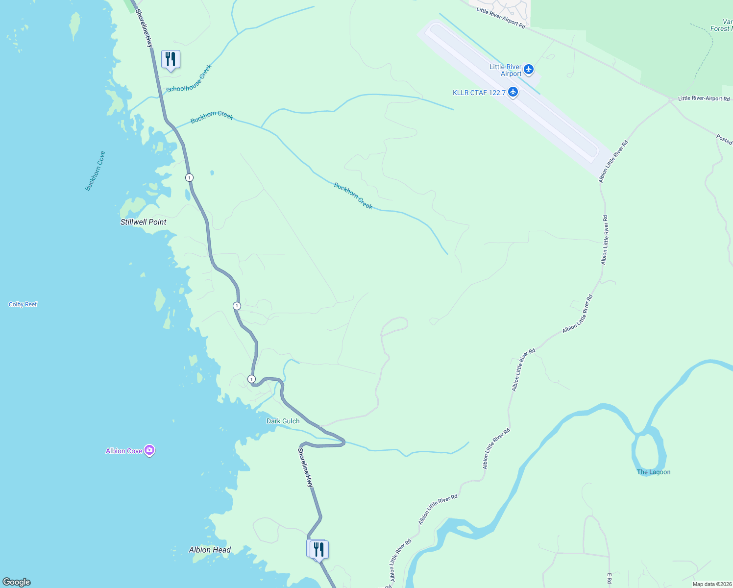 map of restaurants, bars, coffee shops, grocery stores, and more near 33080 Frog Pond Road in Little River