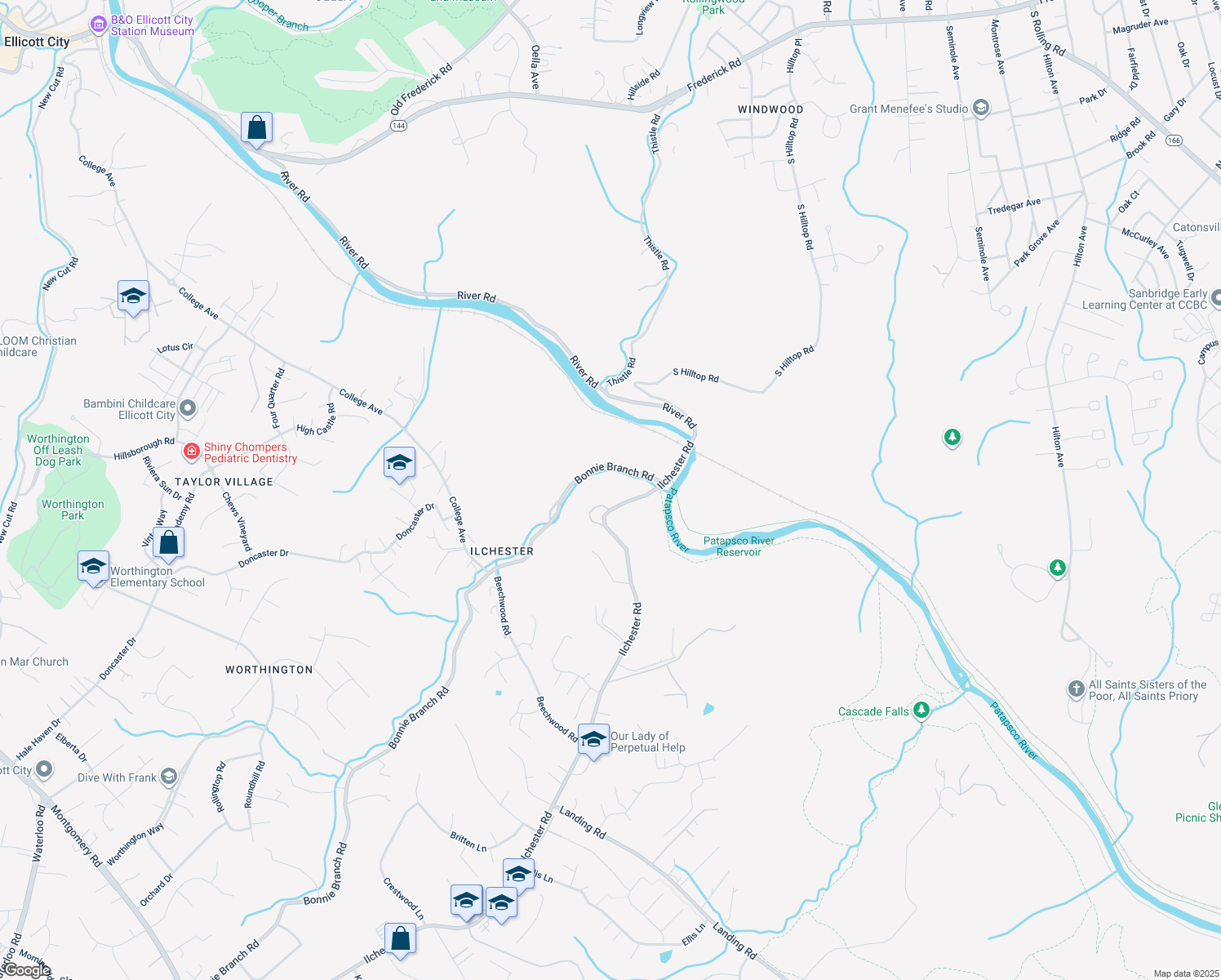 map of restaurants, bars, coffee shops, grocery stores, and more near 4450 Ilchester Road in Ellicott City