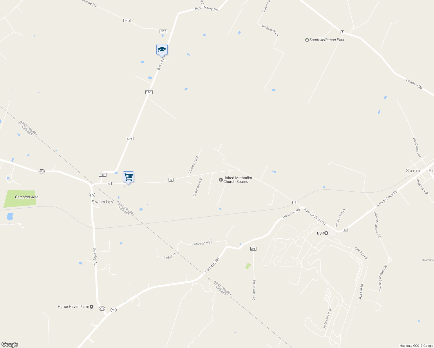 map of restaurants, bars, coffee shops, grocery stores, and more near 1018 Summit Point Road in Summit Point