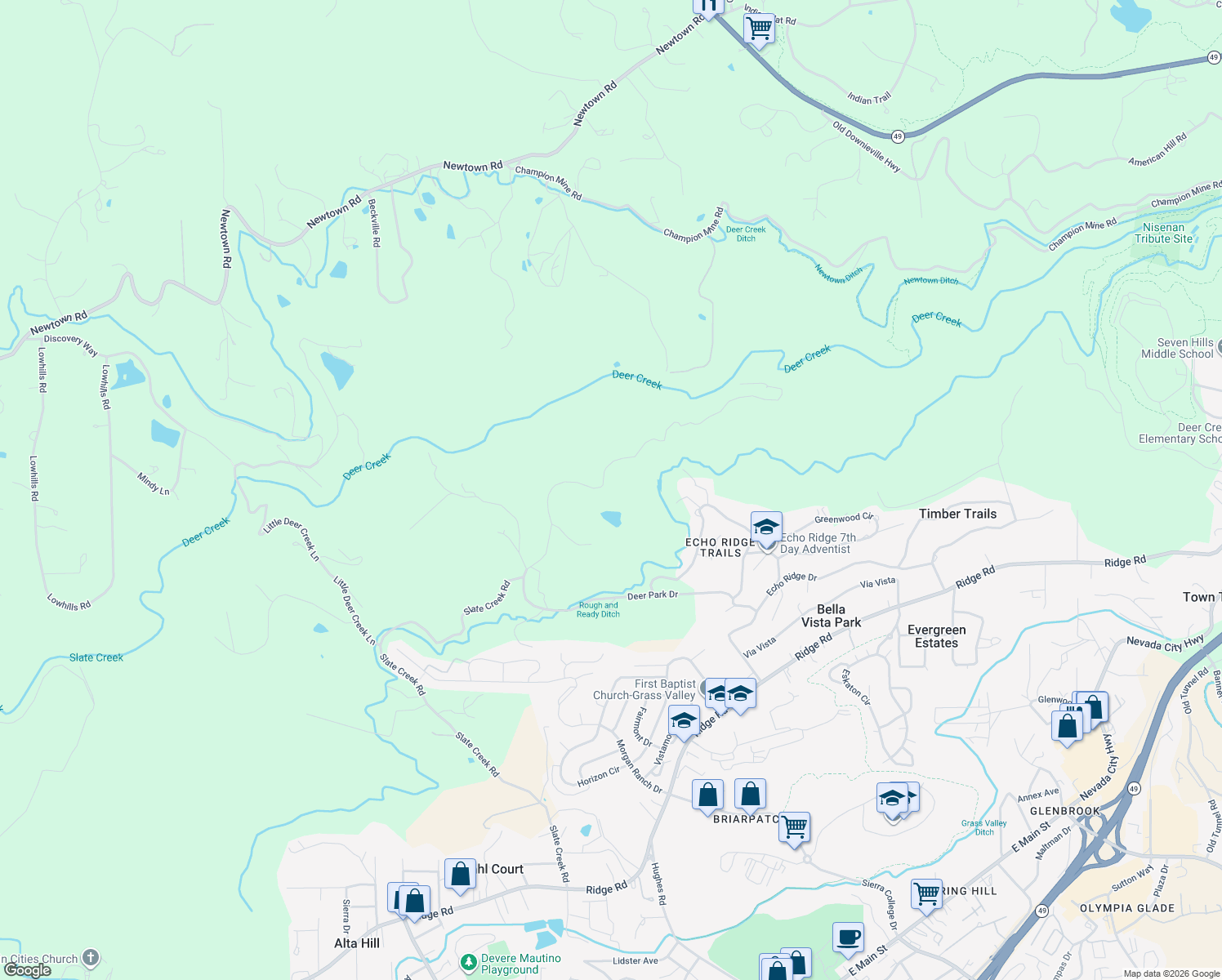map of restaurants, bars, coffee shops, grocery stores, and more near 12921 Slate Creek Road in Nevada City