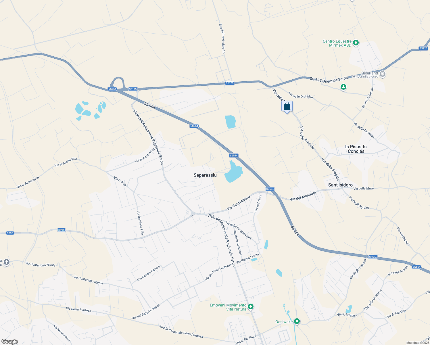 map of restaurants, bars, coffee shops, grocery stores, and more near 8 Via del Pesco Fiorito in Separassiu