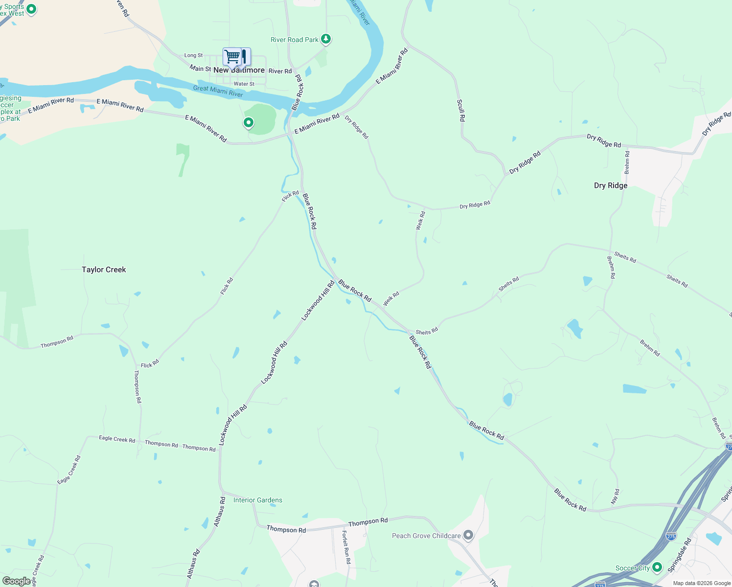 map of restaurants, bars, coffee shops, grocery stores, and more near 6598 Blue Rock Road in Cincinnati