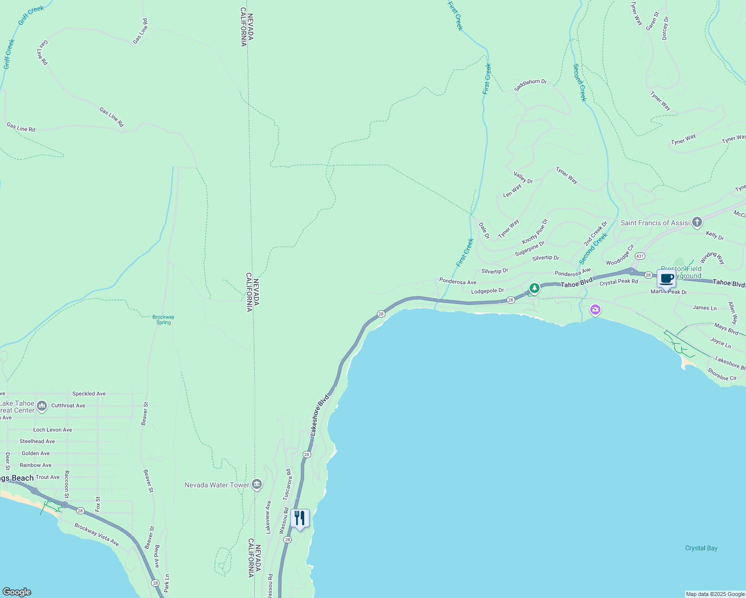 map of restaurants, bars, coffee shops, grocery stores, and more near 456 Ponderosa Avenue in Incline Village