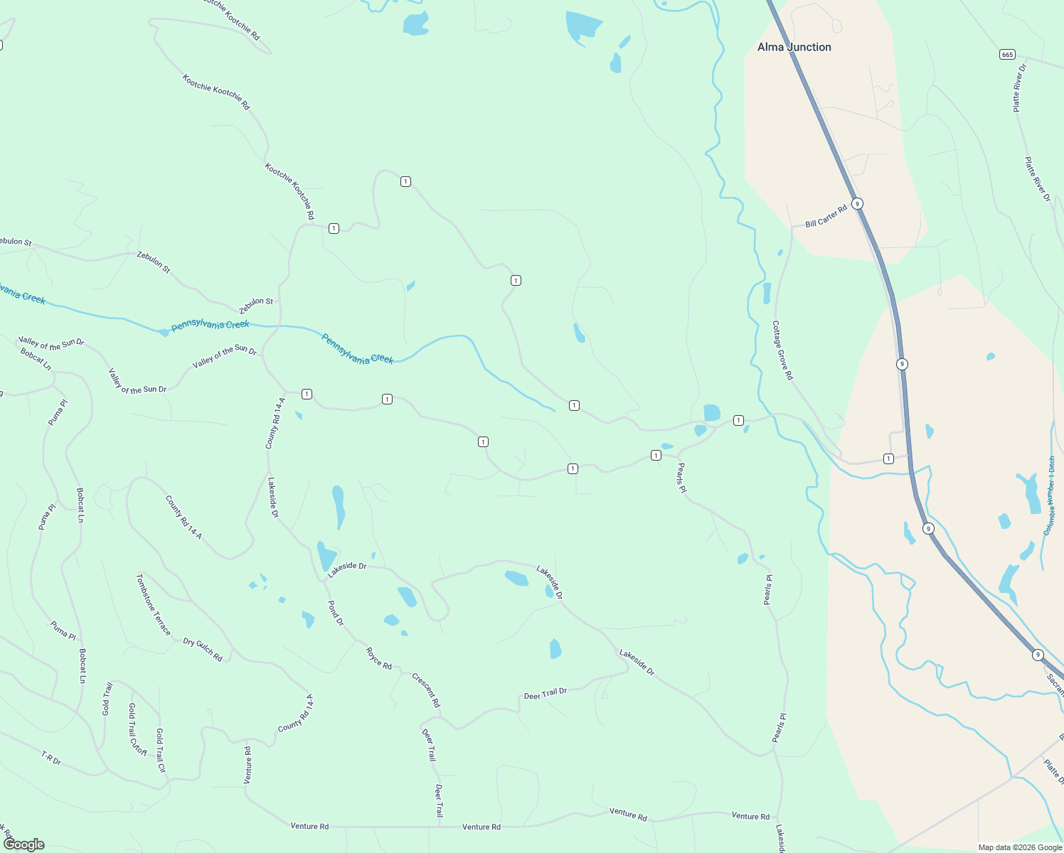 map of restaurants, bars, coffee shops, grocery stores, and more near 85 Pine Ridge Court in Fairplay